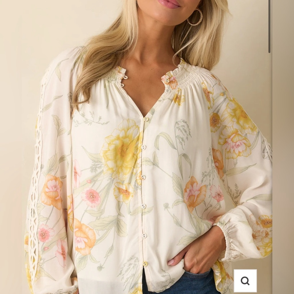 Anthropologie Cream Floral Button-Front Blouse